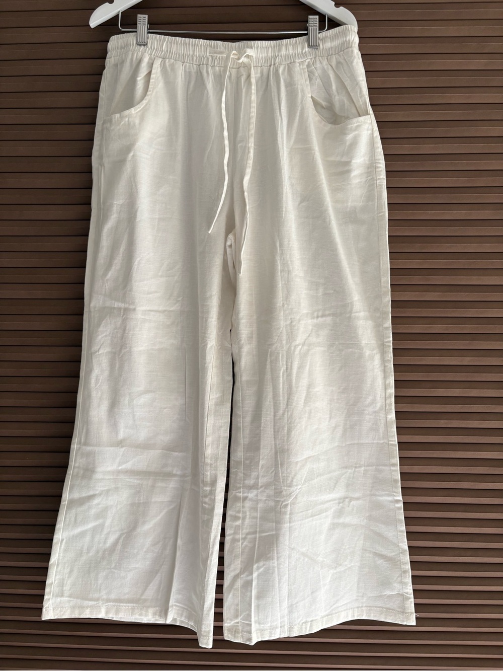 Wide-Leg Cream Drawstring Linen-Blend Pants